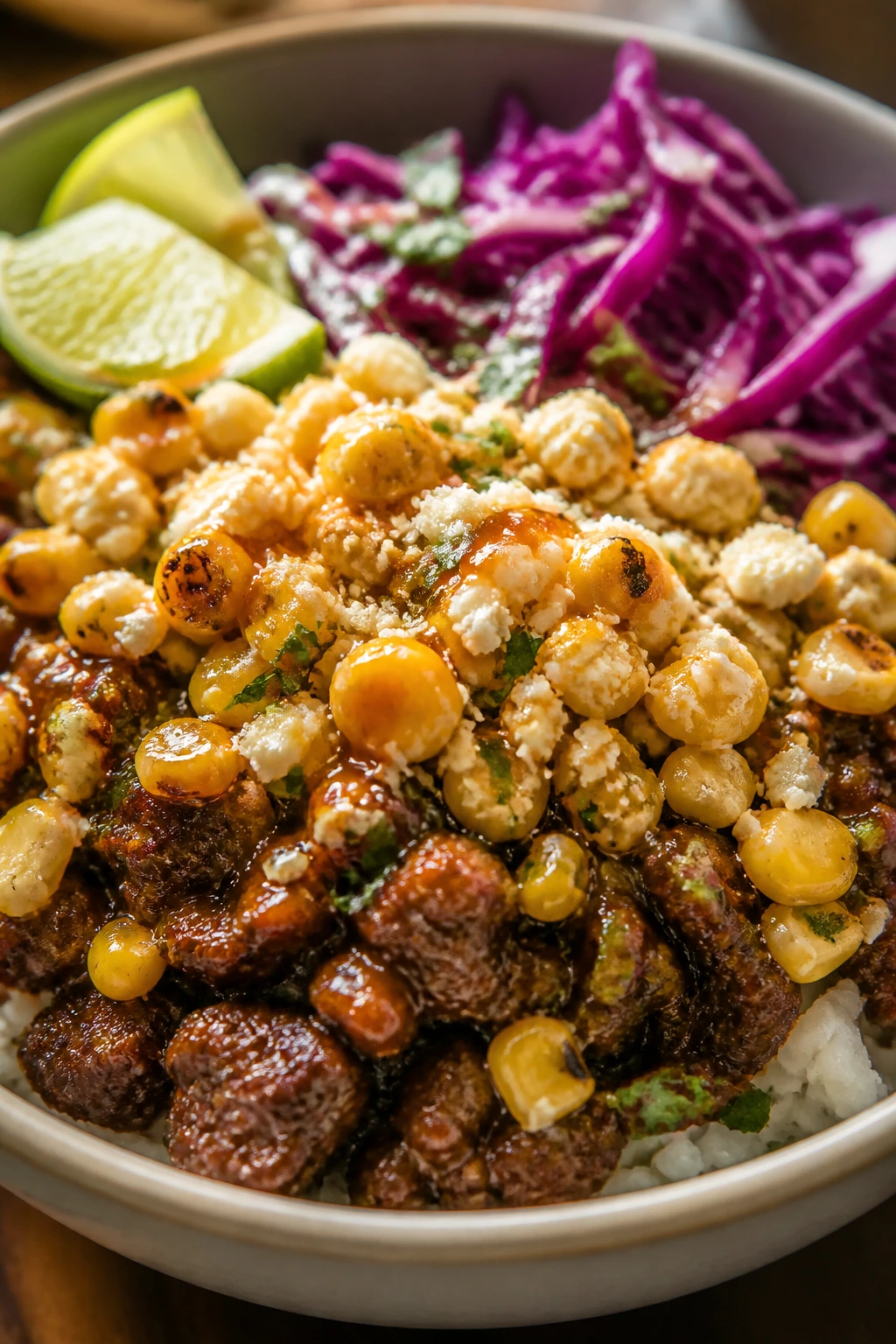 Close-up of street corn beef bowl with cotija and cabbage crunch.