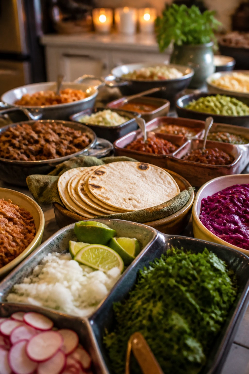 Spread of street taco fillings and tortillas on kitchen island for party-night setup