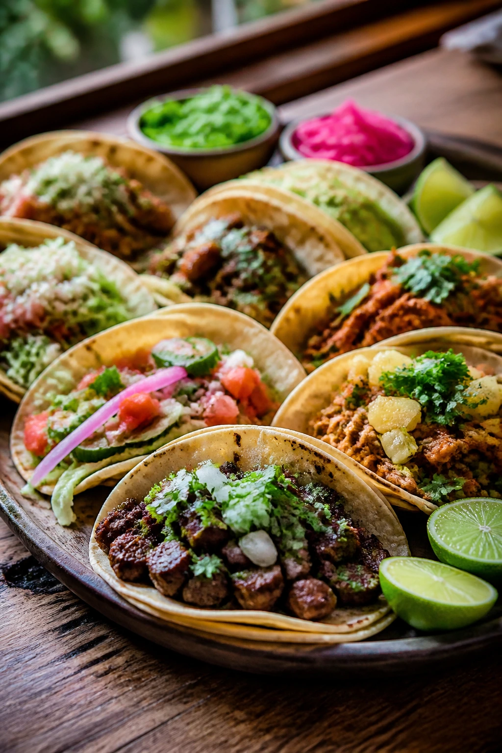 Close-up of vibrant street taco platter on wooden board