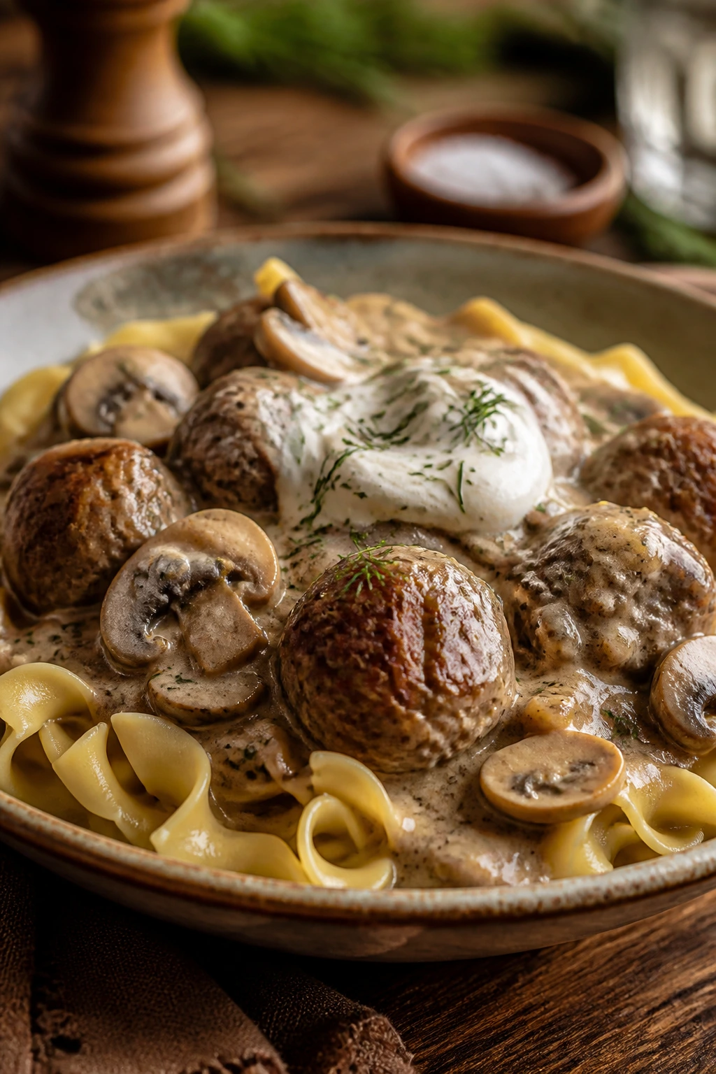 Close-up of creamy meatball stroganoff over egg noodles