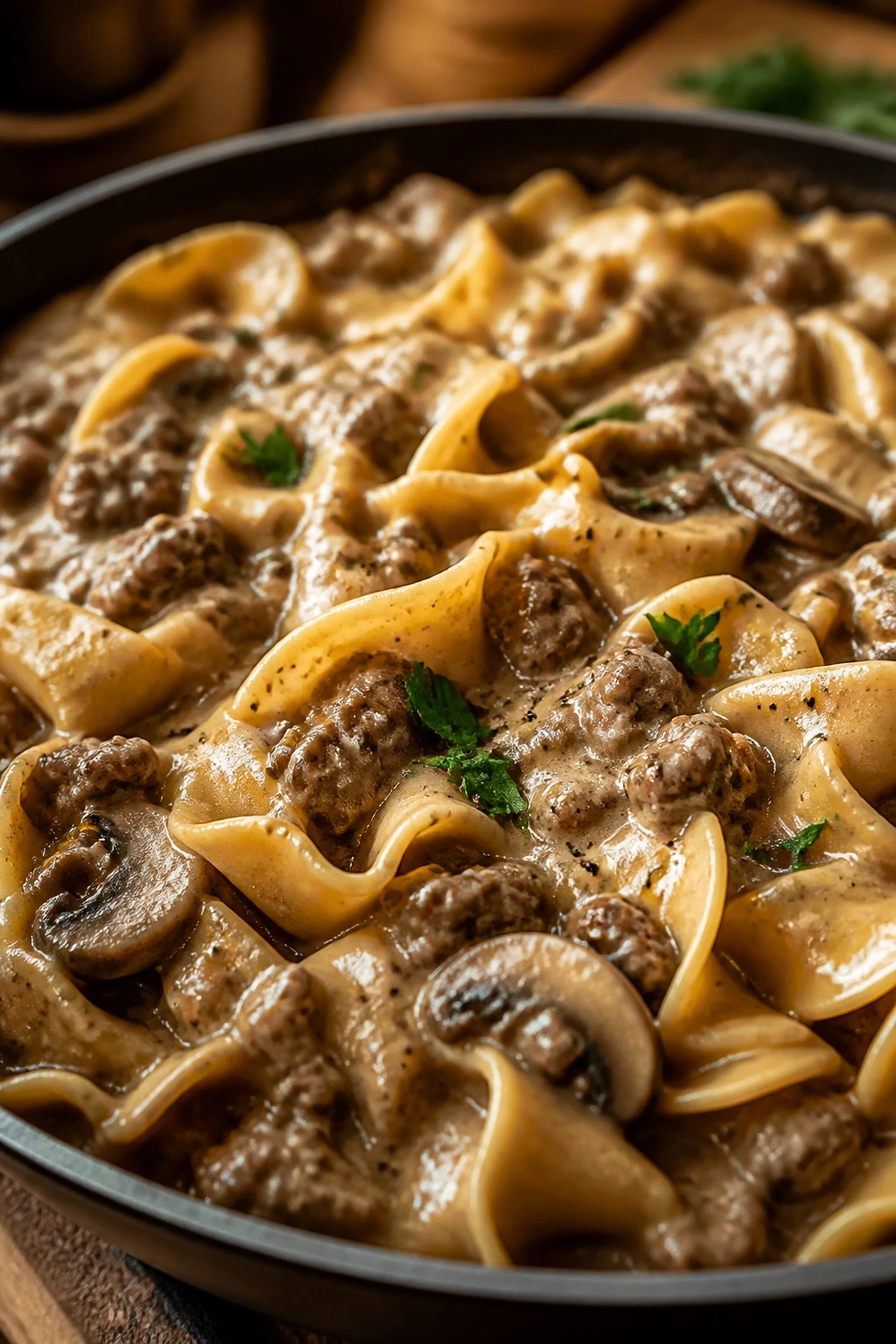 Creamy stroganoff pasta with beef and mushrooms on a plate