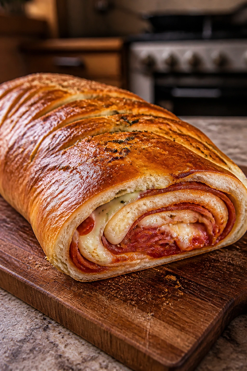 Close-up of a glossy stromboli loaf on a wooden board in a cozy kitchen