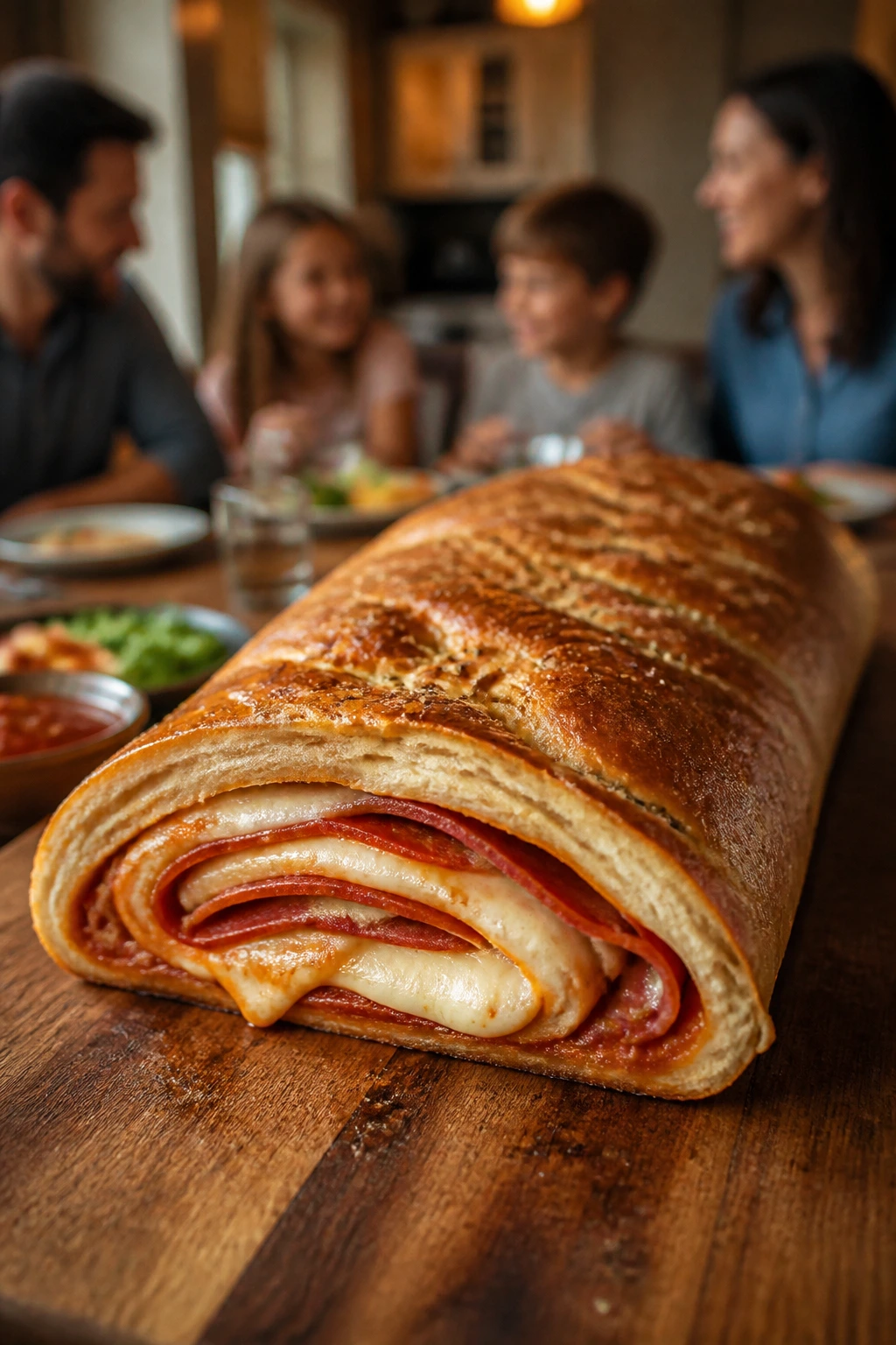 Stromboli loaf on wooden table with soft focus family dining in background