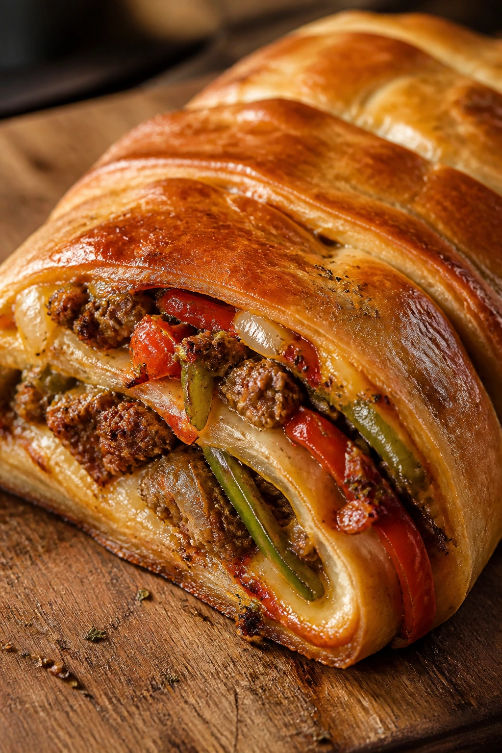 Close-up of sausage peppers onions stromboli on cutting board in warm kitchen