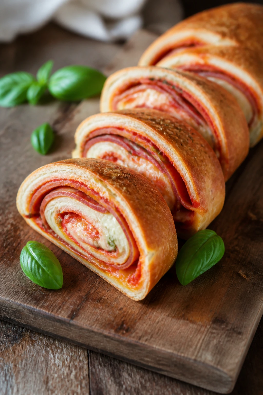 Stromboli slices displayed on a board to showcase filling spiral