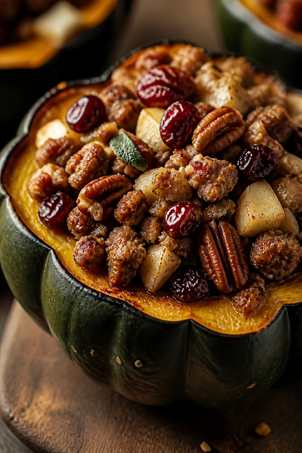 Close-up of stuffed acorn squash halves with sausage pecans cranberries