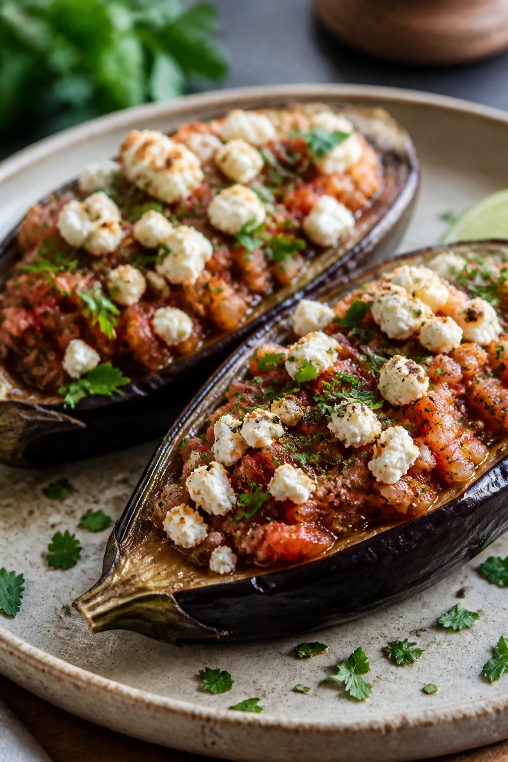 Halved stuffed eggplants with feta on a plate in a rustic kitchen