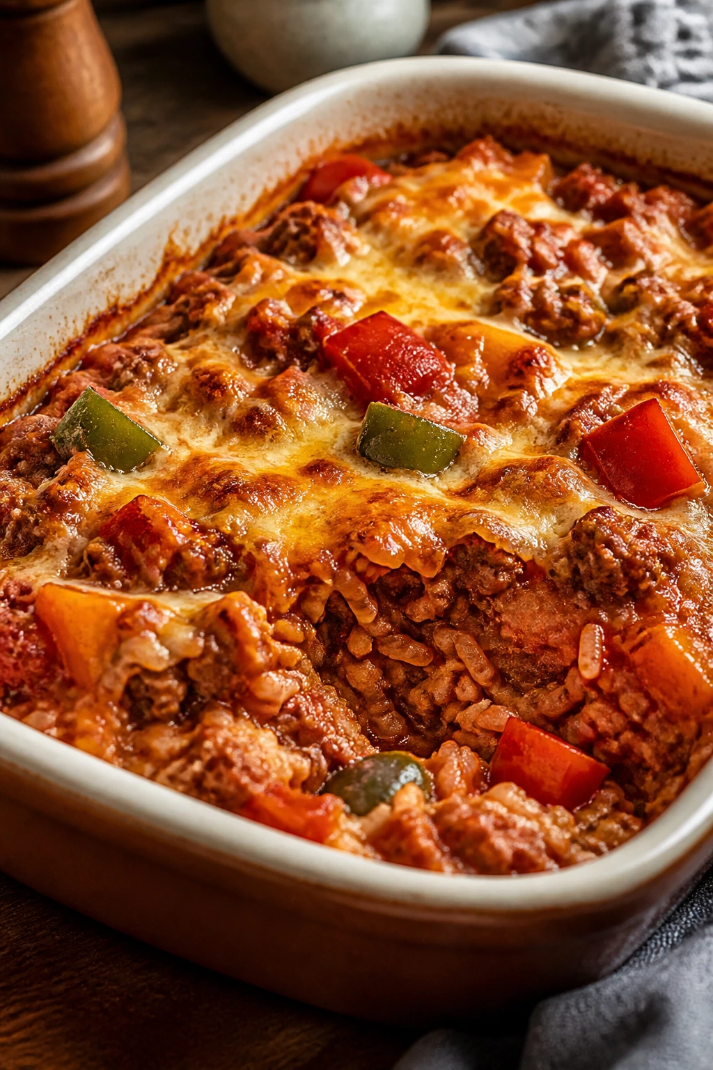 Close-up of stuffed pepper casserole with peppers and beef visible