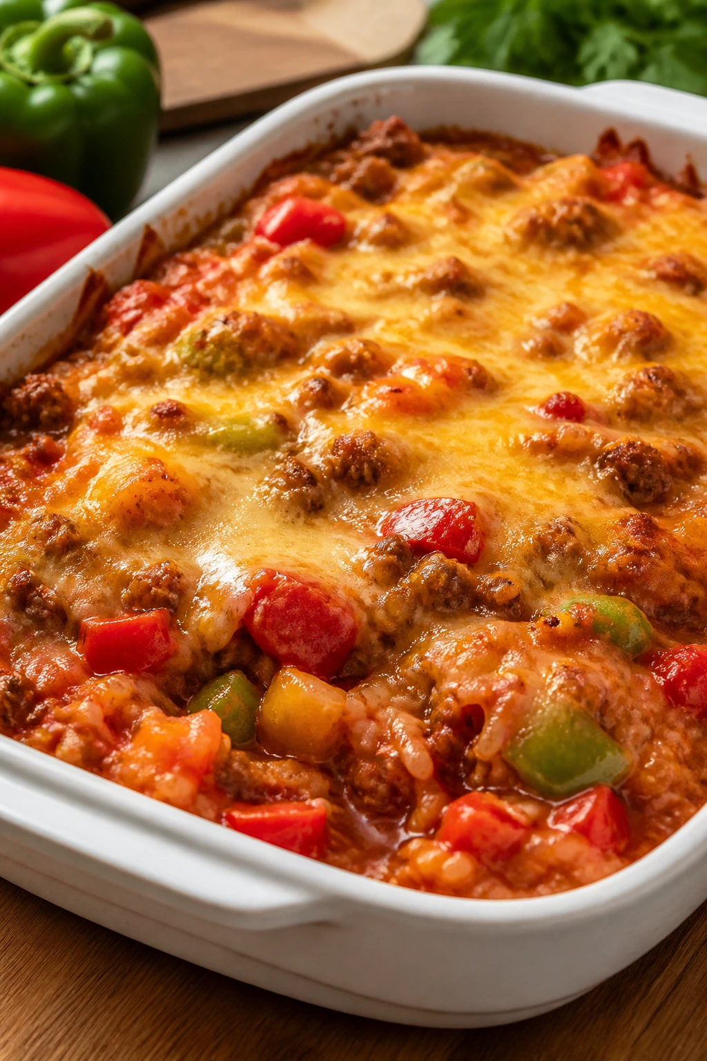 Colorful stuffed pepper casserole in a baking dish with cheese