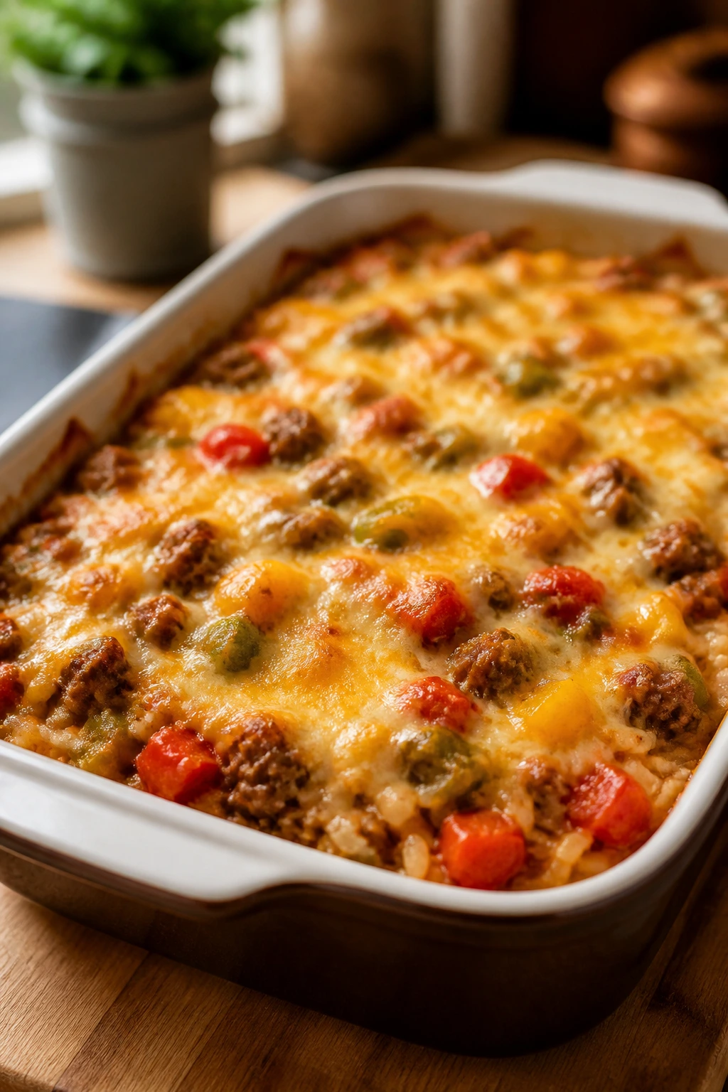 Close-up of stuffed pepper casserole in a ceramic dish with melted cheese and peppers