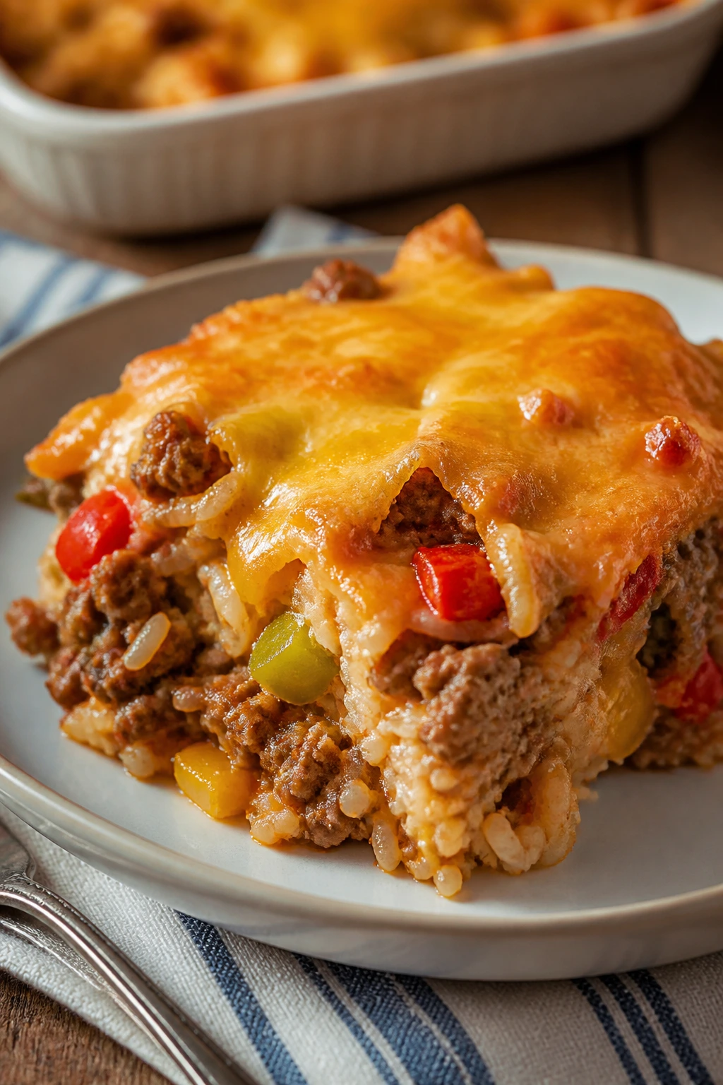 Thick wedge of Stuffed Pepper Casserole on a plate with peppers and rice filling