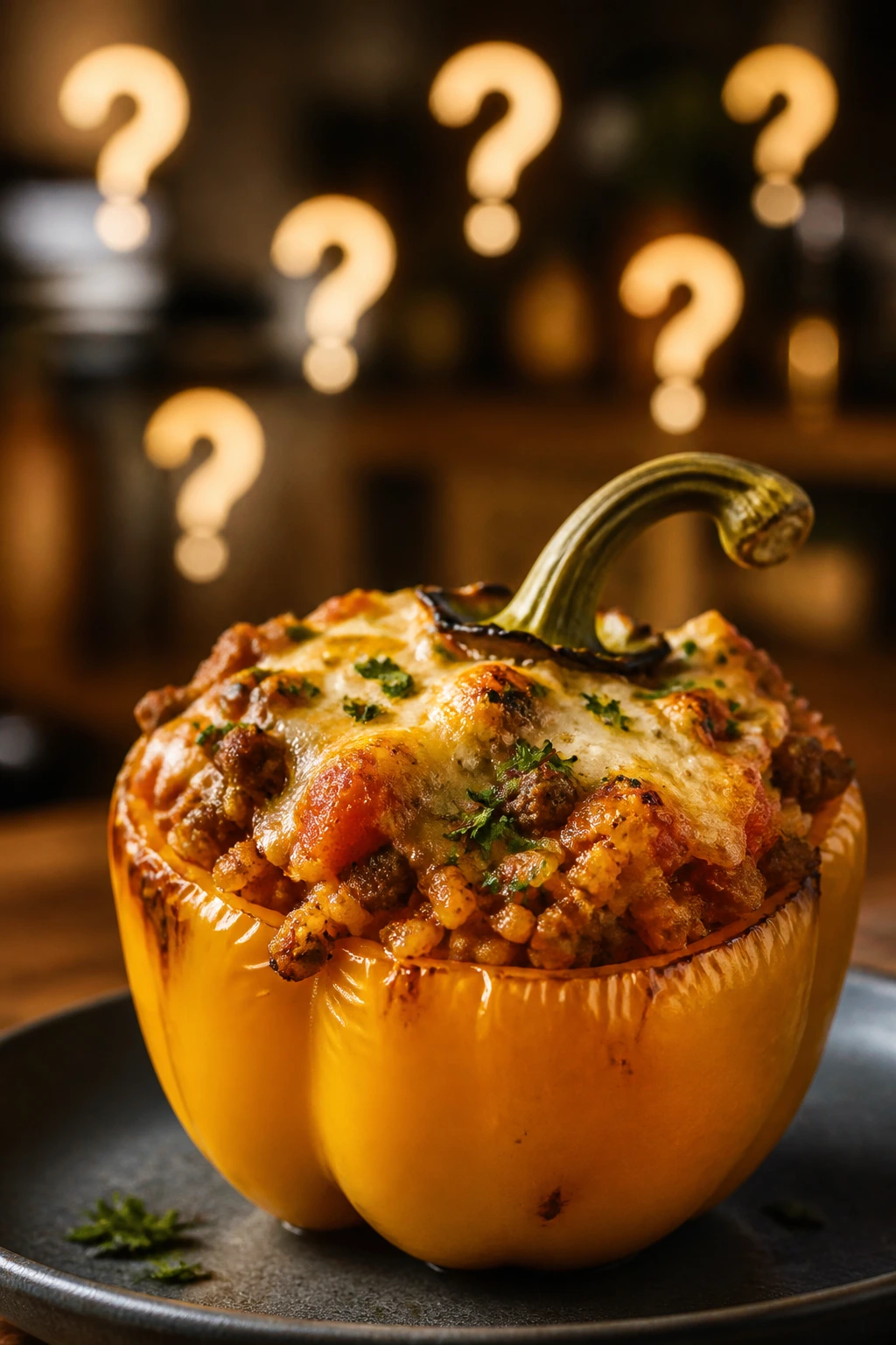 Stuffed pepper with subtle question-mark bokeh in background symbolizing FAQ