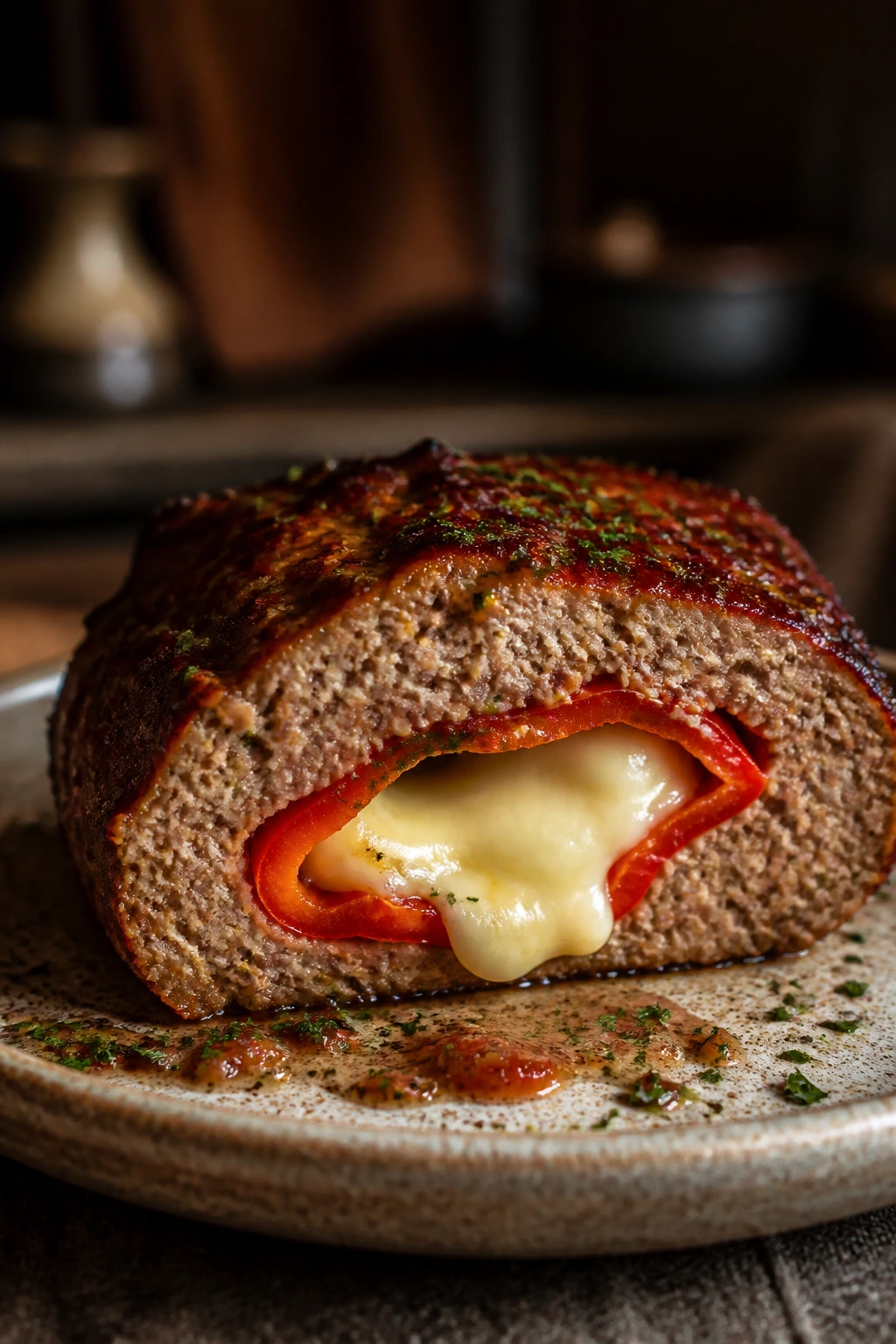 Stuffed pepper meatloaf cross-section with cheese
