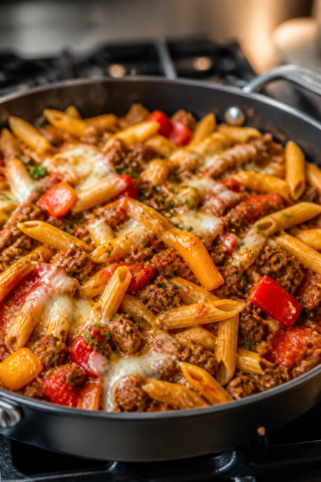 Close-up of stuffed pepper pasta skillet in tomato sauce on stove
