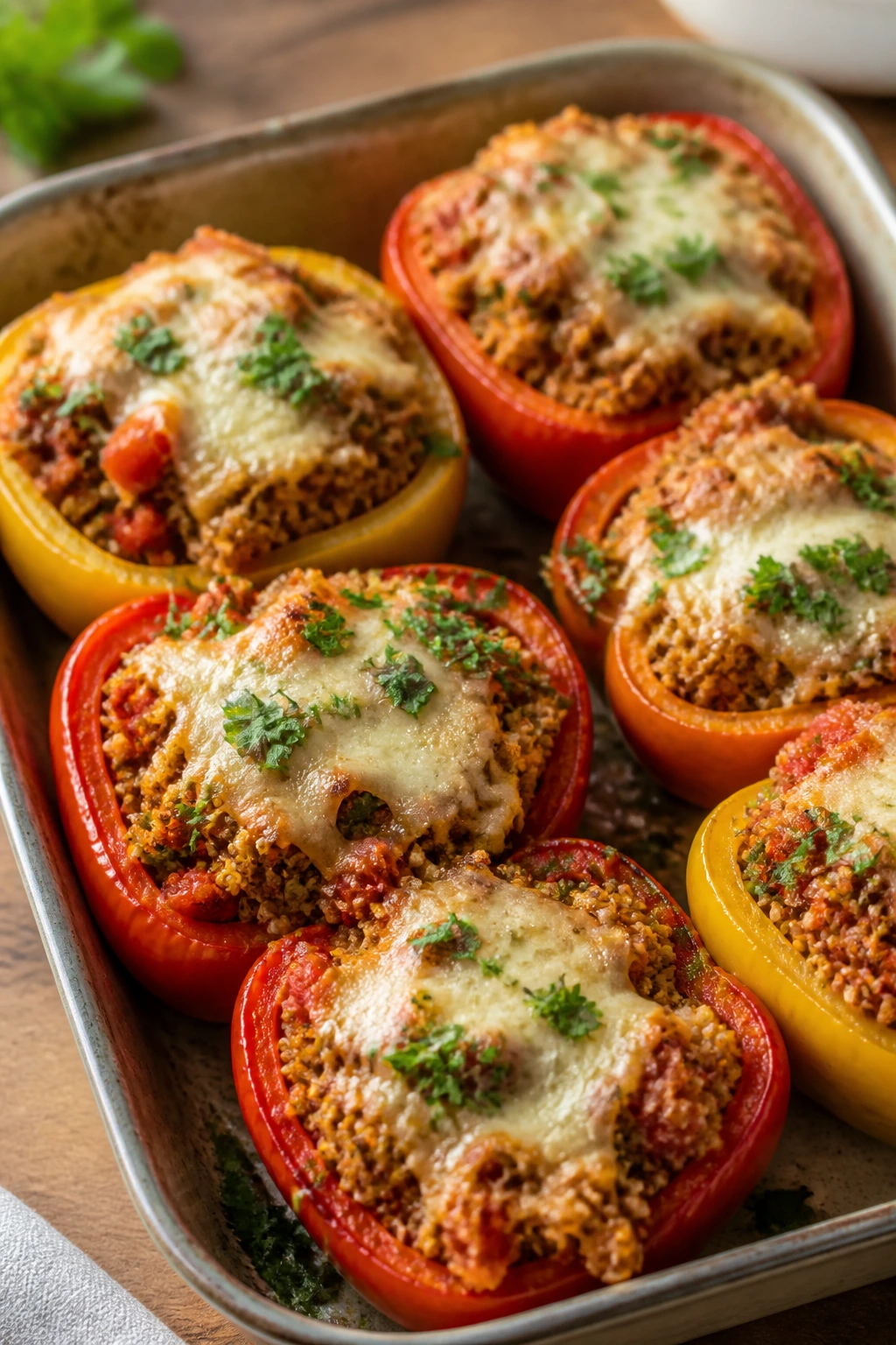 Stuffed pepper quinoa bake in a pan