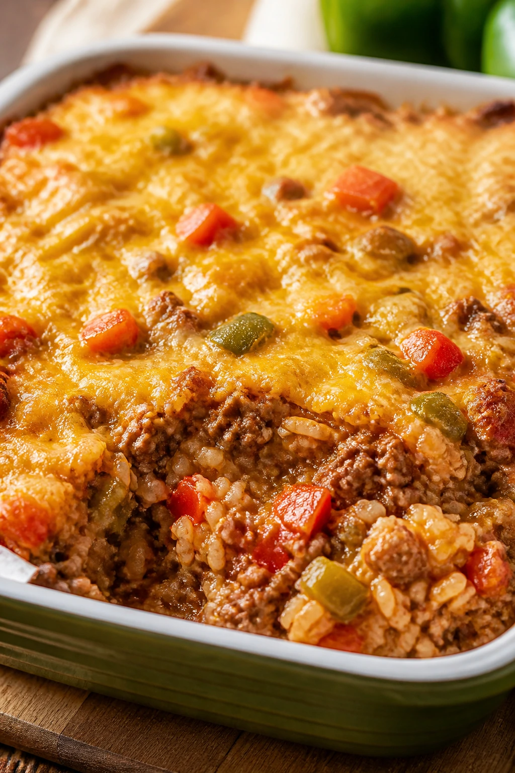 Close-up of Stuffed Pepper Rice Casserole with peppers and cheese topping
