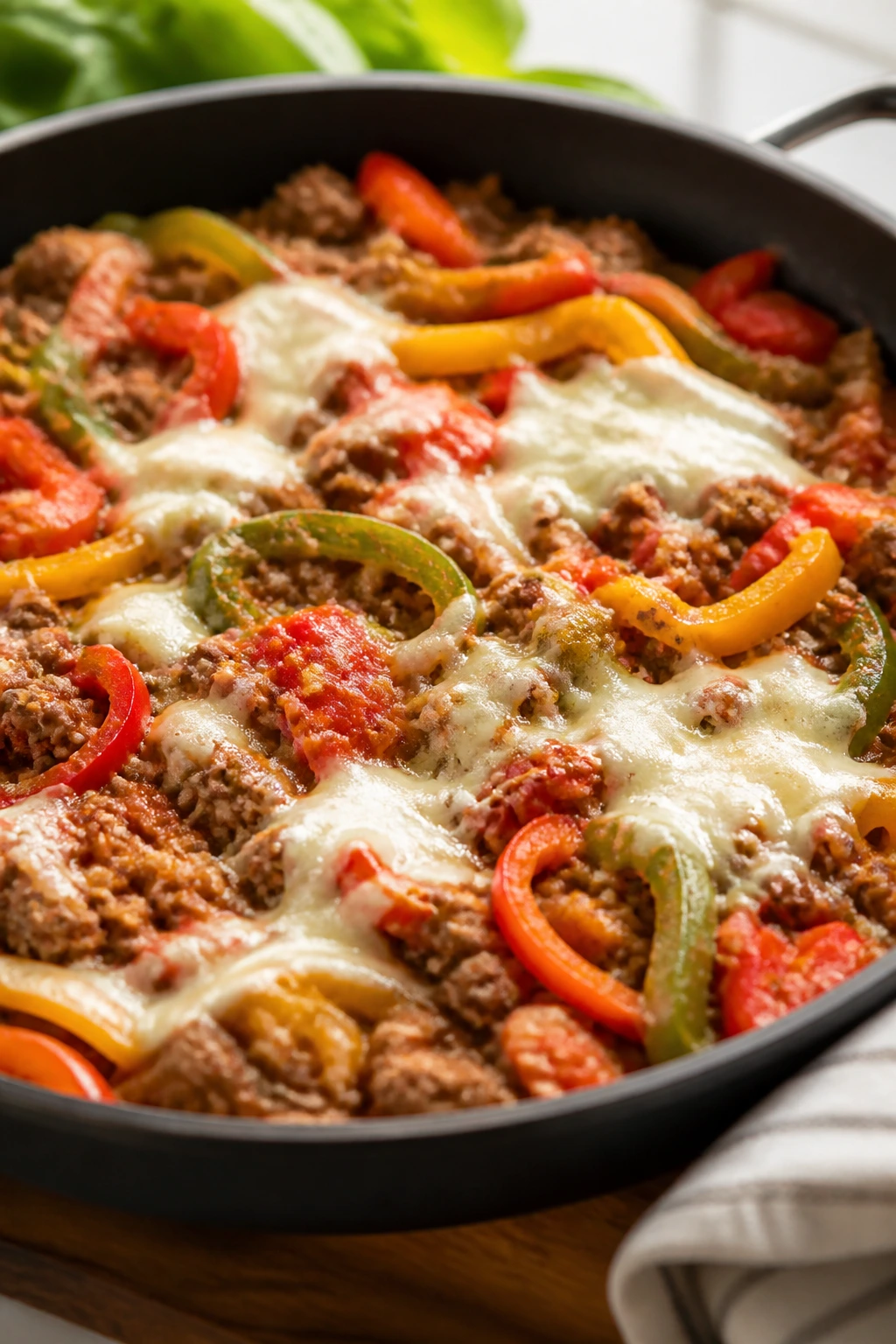 Close-up of stuffed pepper skillet with beef, rice, and cheese