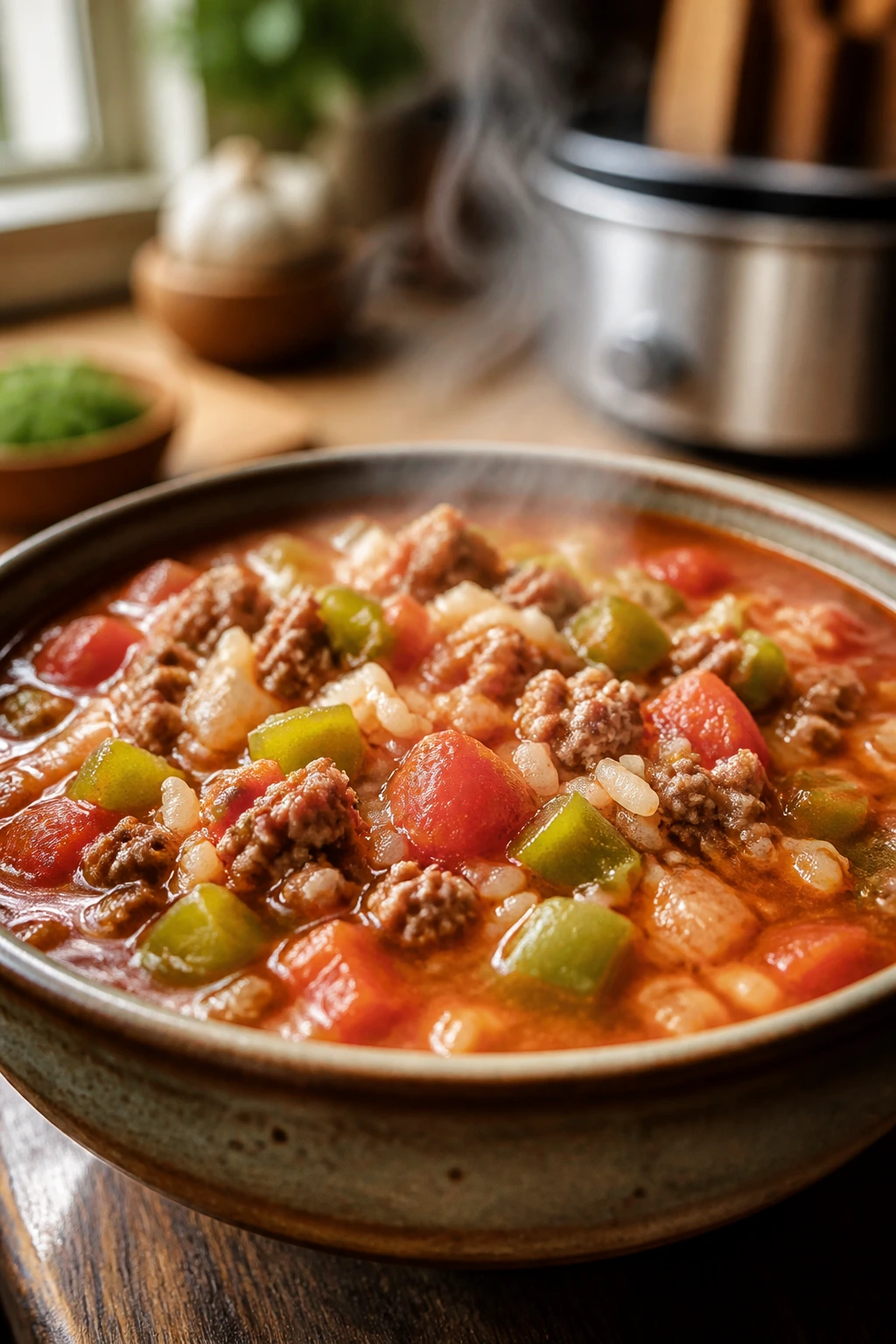 Steaming stuffed pepper soup in a bowl with peppers and beef