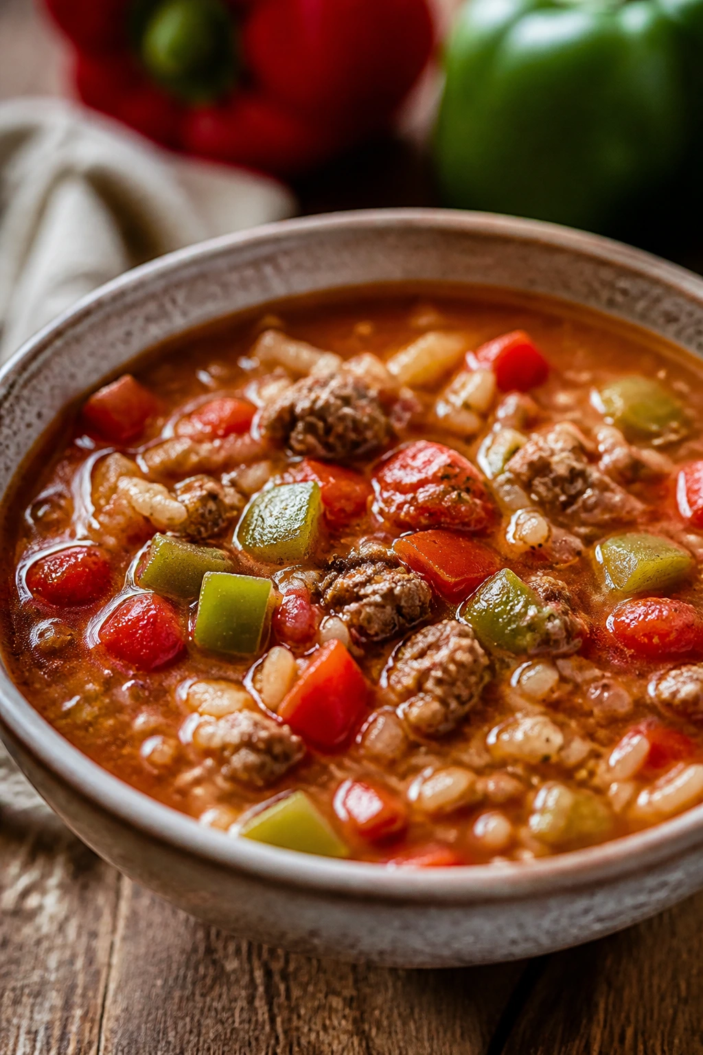 Stuffed pepper soup with beef, peppers, and rice in a bowl