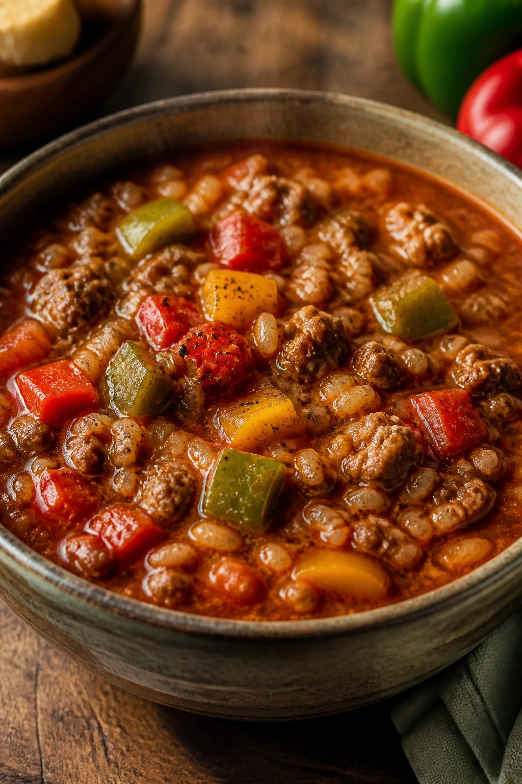 Close-up of stuffed pepper soup with peppers and beef in a bowl
