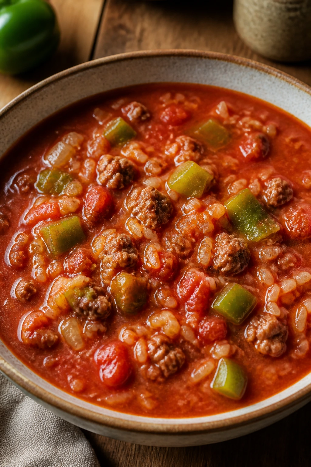 Steaming bowl of stuffed pepper soup with peppers