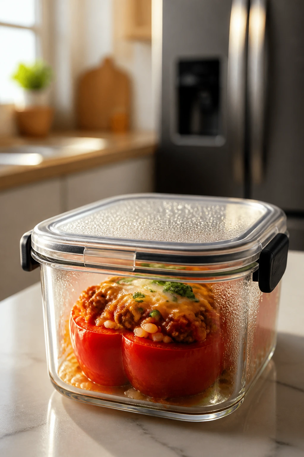 Close-up of stuffed pepper in airtight container for make-ahead storage
