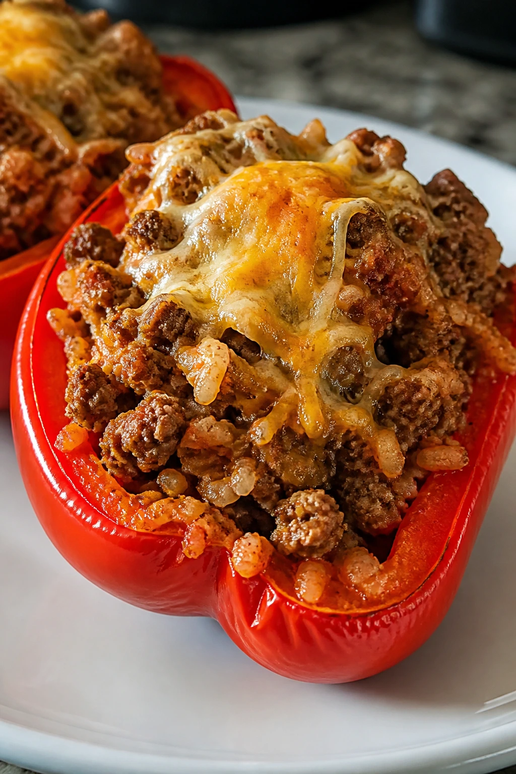 Halved bell pepper stuffed with beef and cauliflower rice
