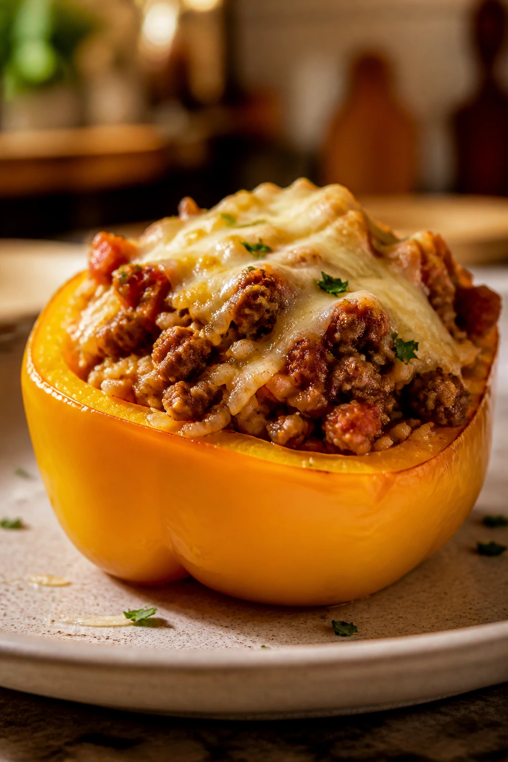 Close-up of stuffed bell pepper with beef and rice on plate