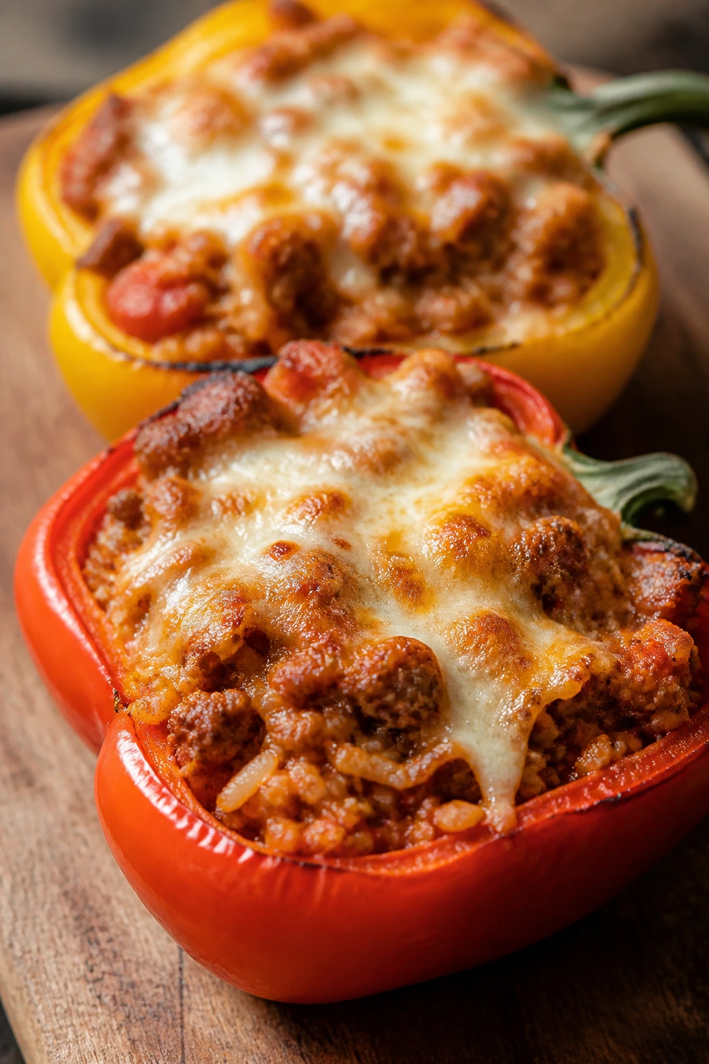 Stuffed bell peppers with beef and rice on plate