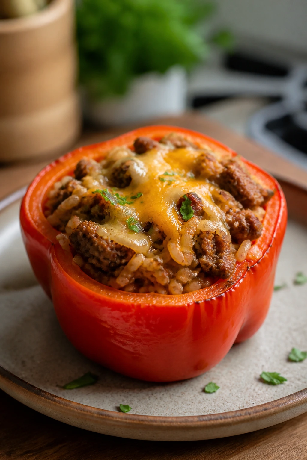Stuffed bell pepper with beef and rice filling on a plate