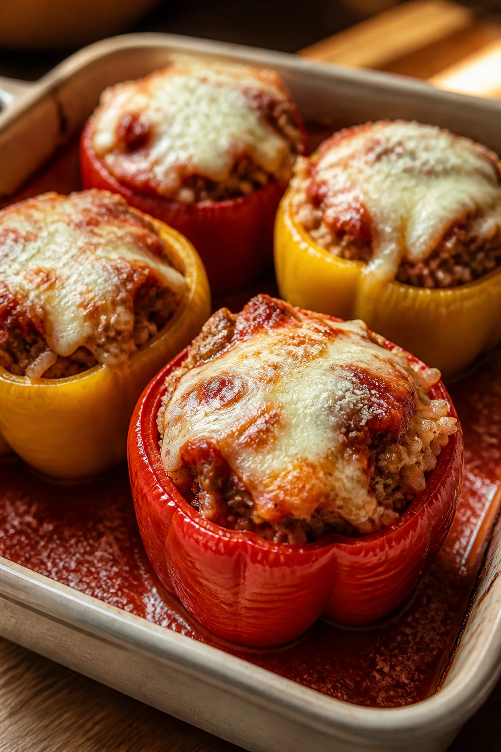 Close-up of stuffed bell peppers with beef, rice, and melted cheese in tomato sauce.