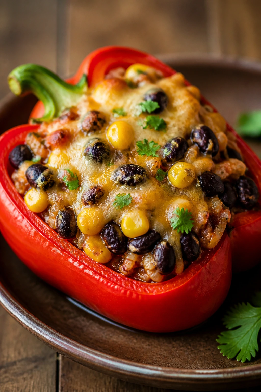 Close-up of stuffed red bell pepper with black bean and corn filling