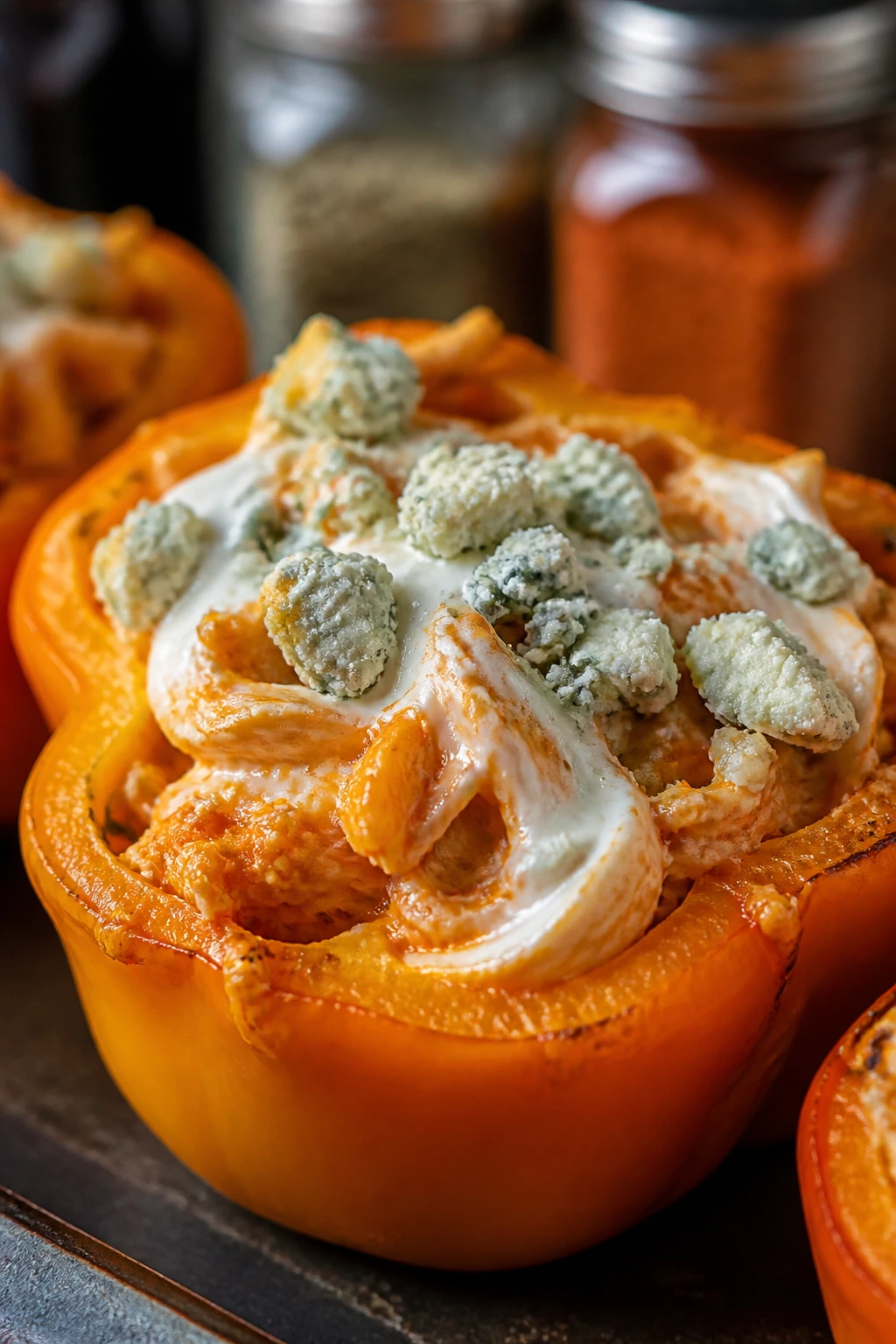 Close-up of buffalo chicken stuffed pepper with blue cheese topping, filling front and center