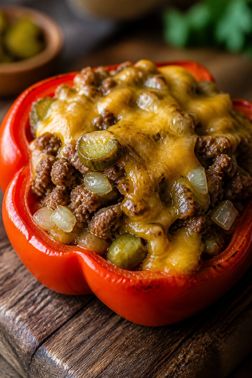Close-up of a cheeseburger-stuffed bell pepper on a wooden board, filling dominates the frame