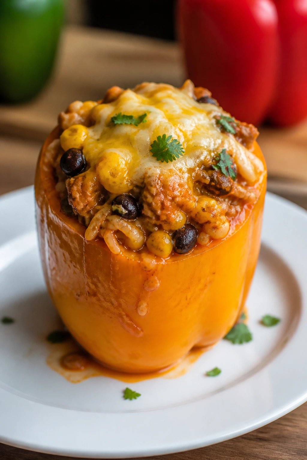 Close-up of a stuffed bell pepper with enchilada filling and cheese on a plate.