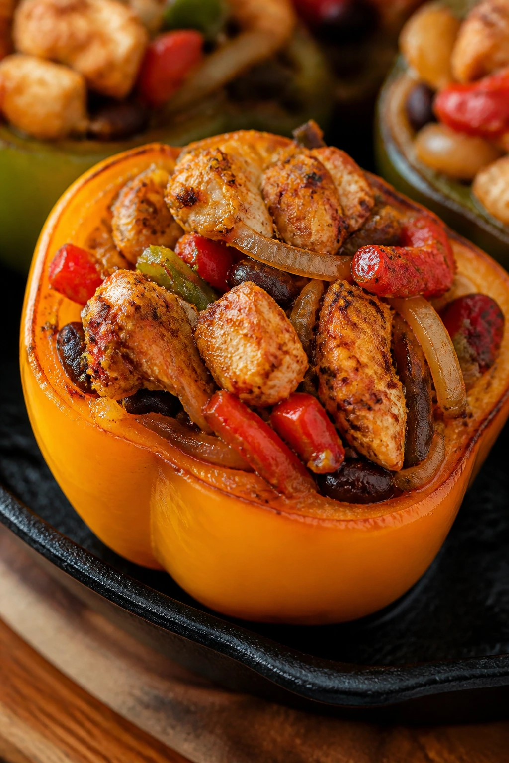 Close-up of fajita chicken stuffed pepper with onions and peppers filling the frame