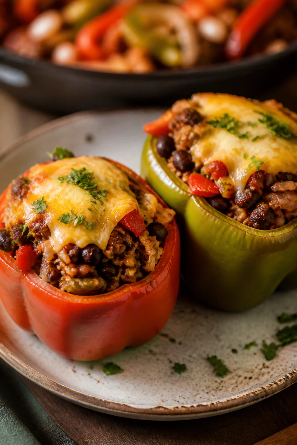 Stuffed bell peppers with fajita filling on a plate