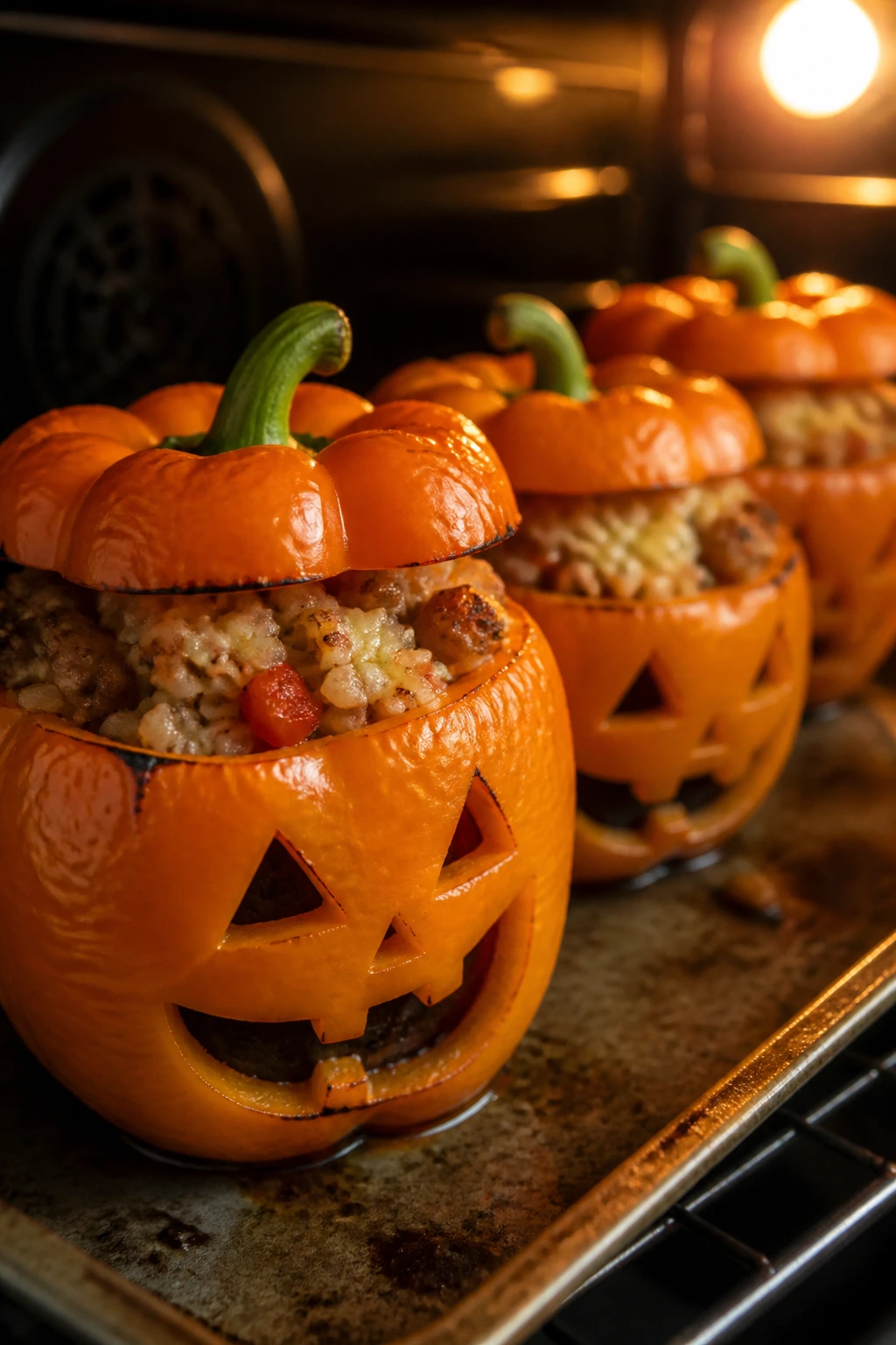 Row of jack-o'-lantern stuffed peppers on a baking sheet.