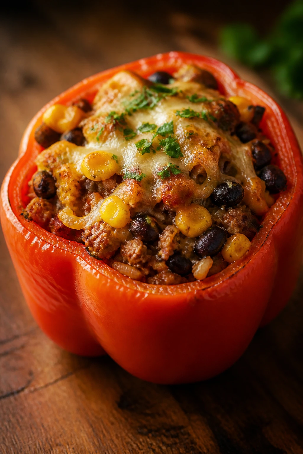 Close-up of a stuffed pepper showing filling on a wooden kitchen surface