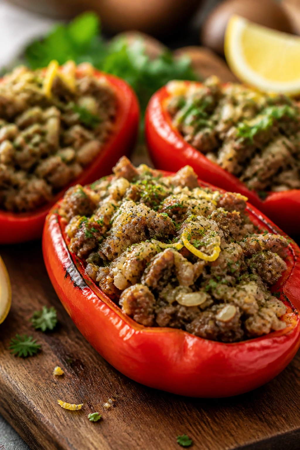 Close-up of stuffed red peppers with lamb and lemon zest on a rustic board