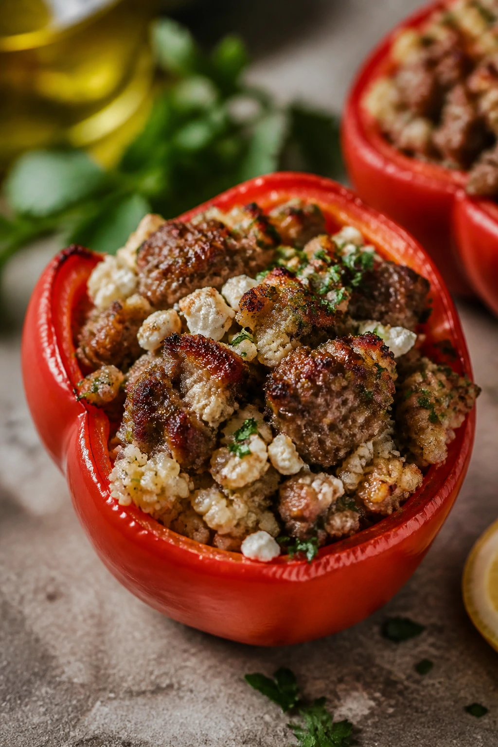 Close-up of a lamb-stuffed pepper with feta and herbs in a rustic kitchen