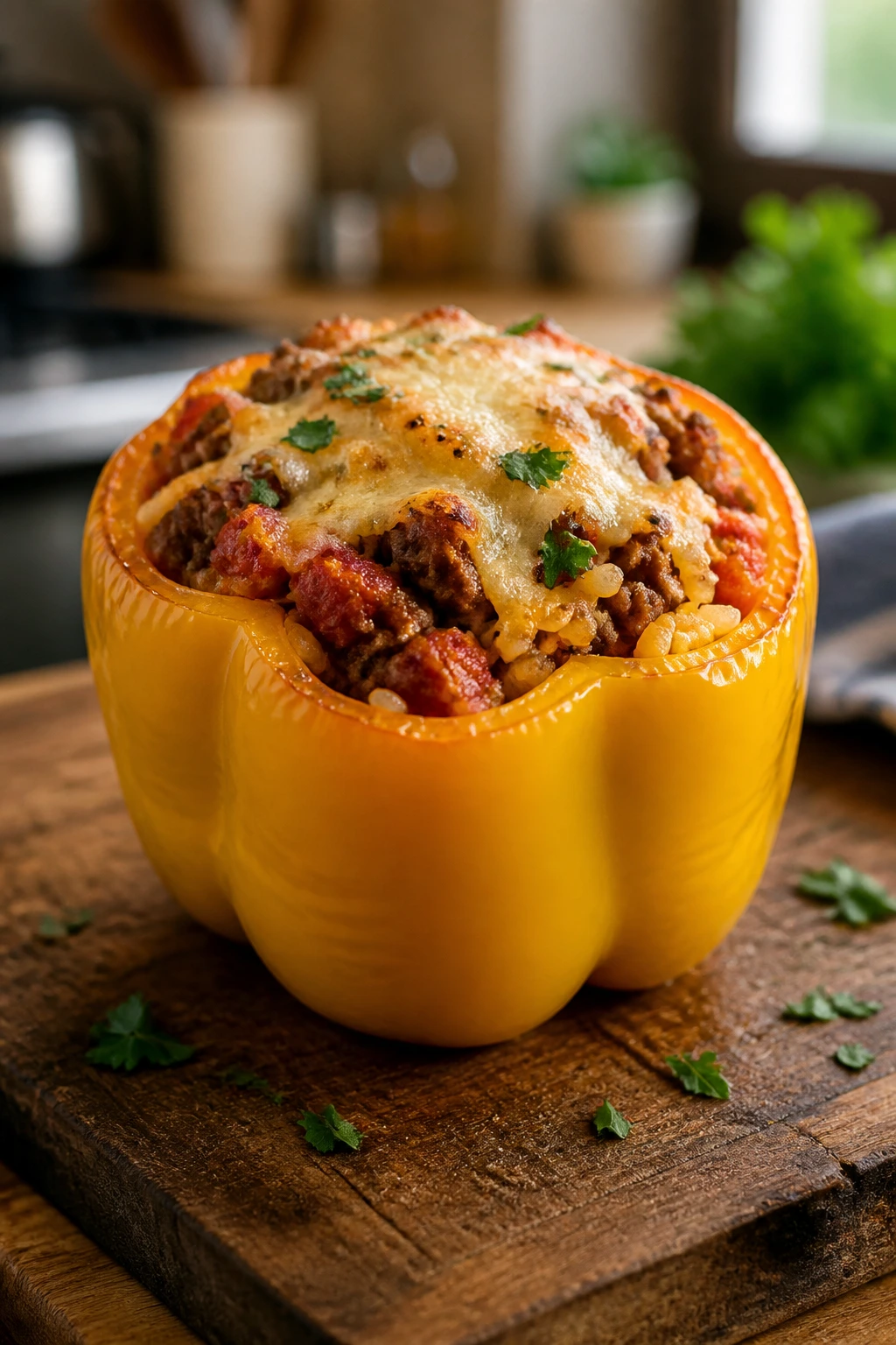 Close-up of a colorful stuffed pepper on a wooden board in a warm kitchen