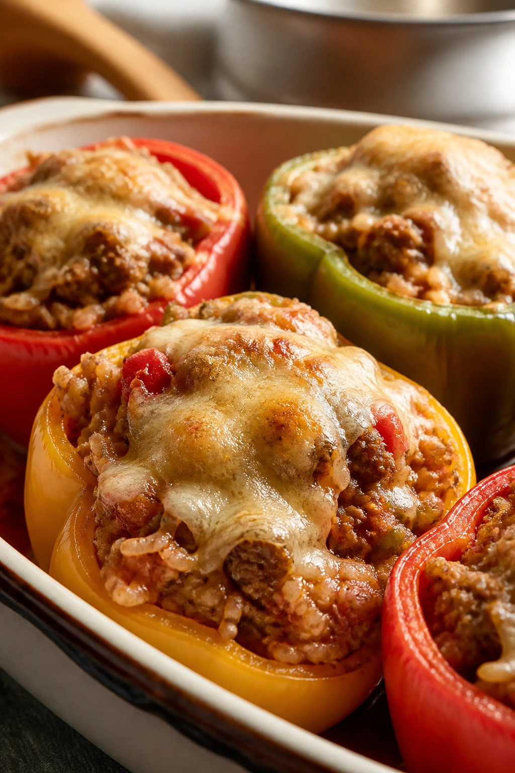 Stuffed bell peppers with meatball filling and melted cheese