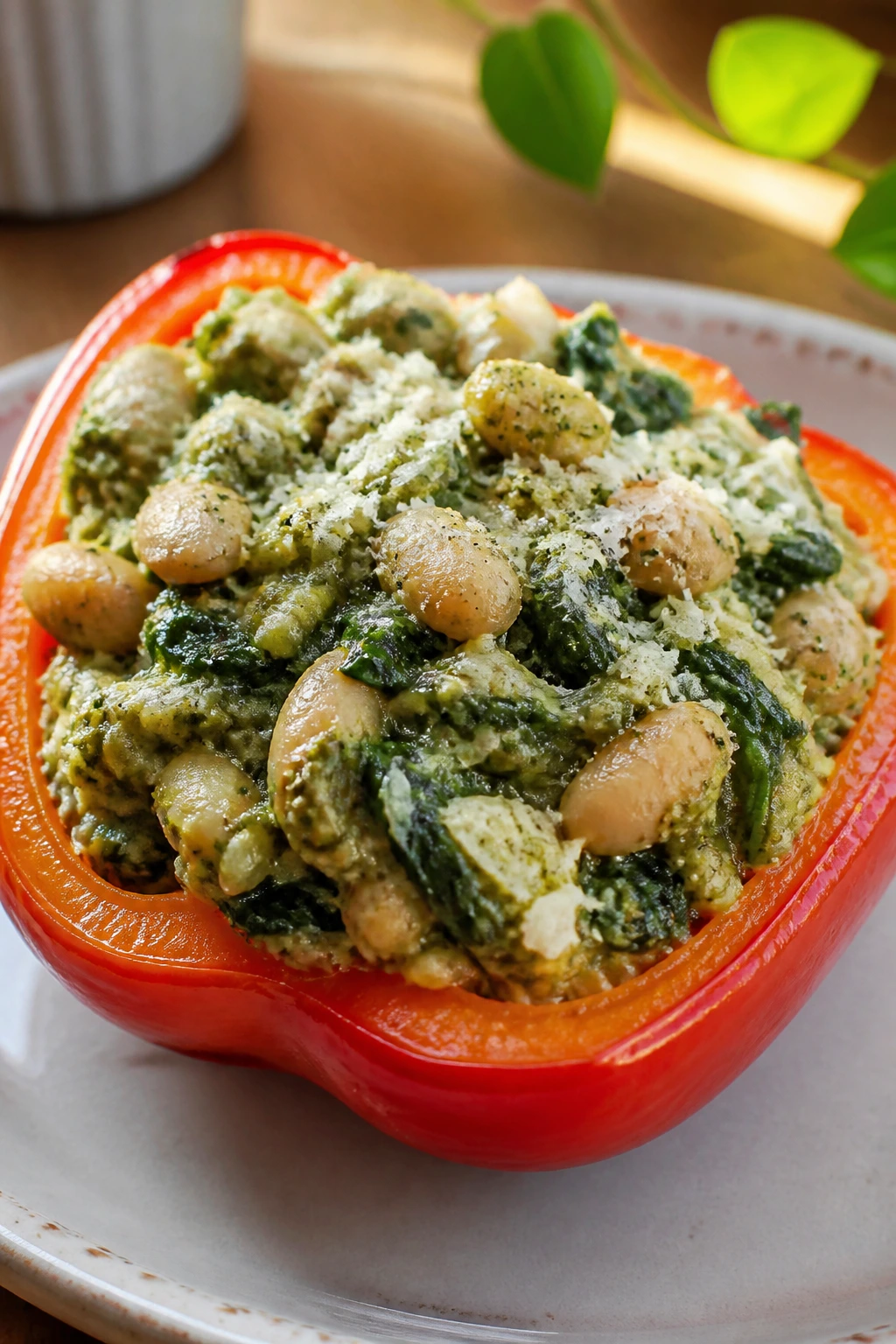 Close-up of pesto bean spinach stuffed pepper on a sunny kitchen table