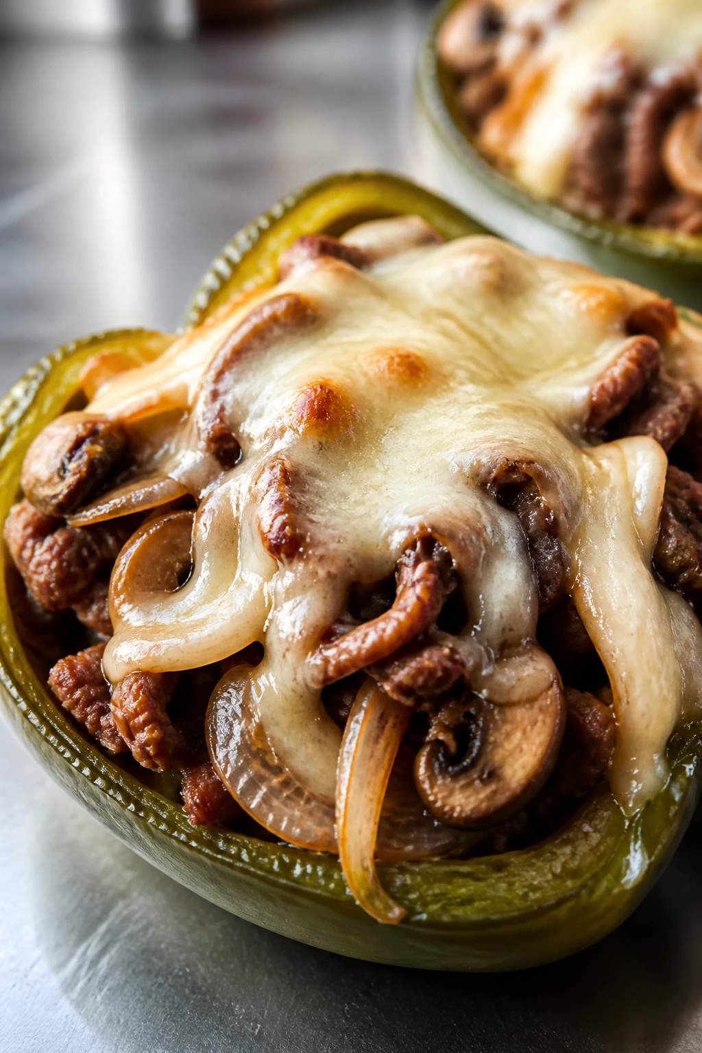 Close-up of Philly cheesesteak stuffed pepper with melted provolone