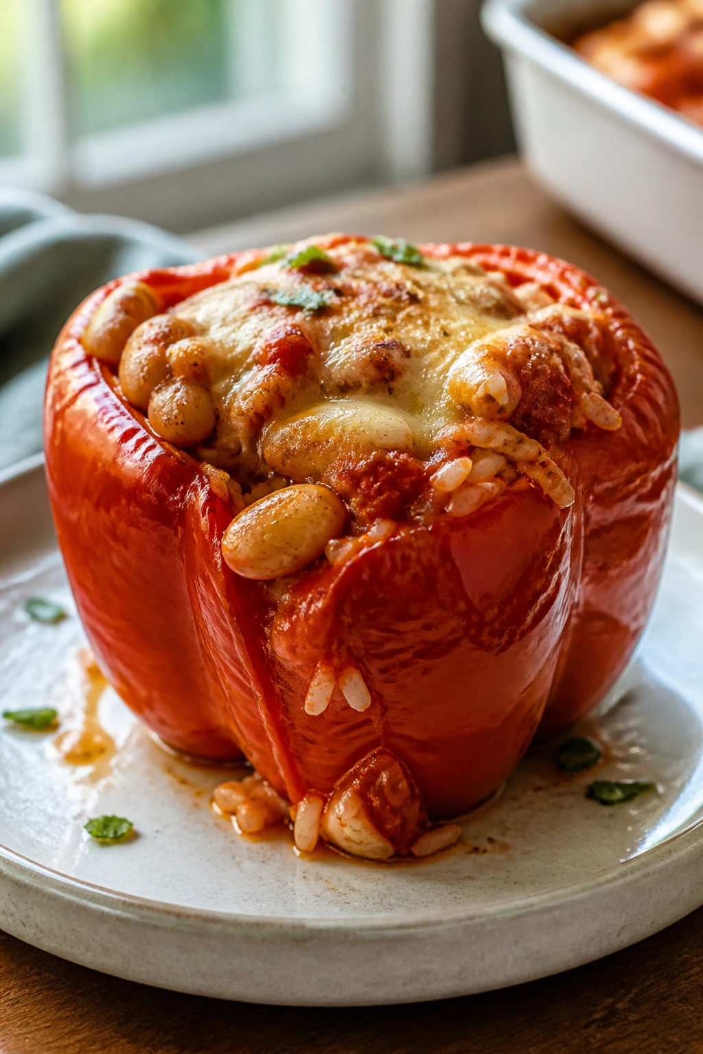 Close-up of stuffed bell pepper with rice and white beans on plate