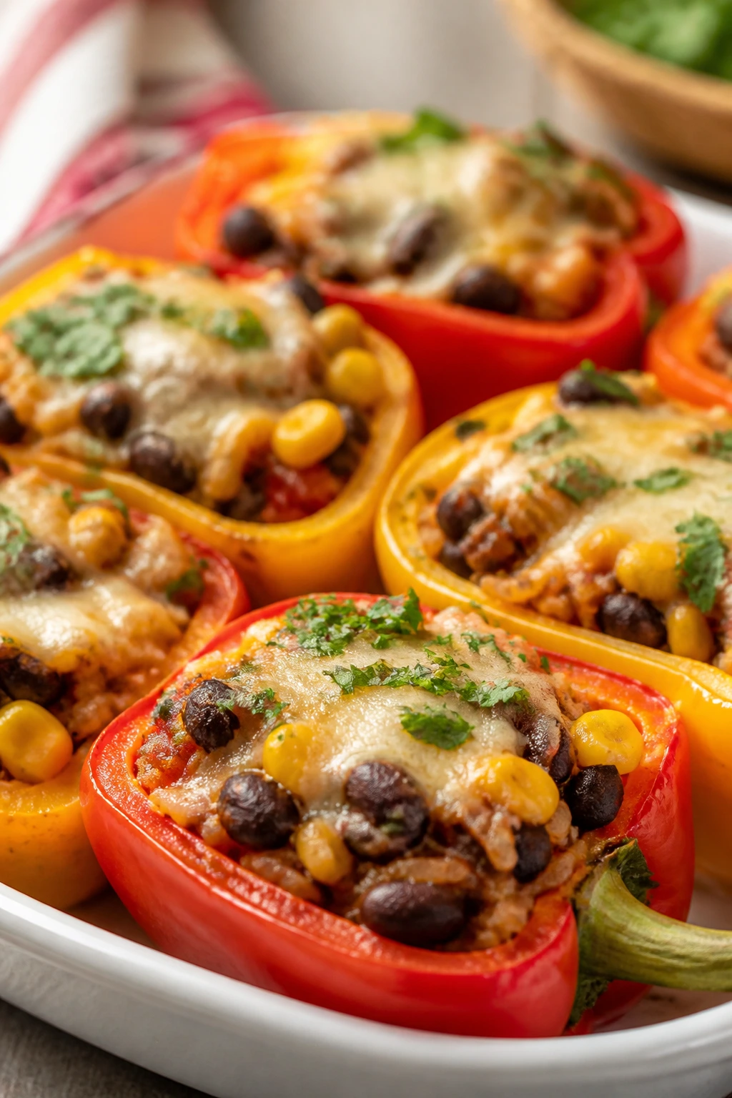 Close-up of stuffed bell peppers with rice and beans on a plate.
