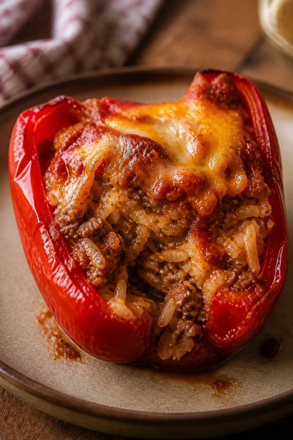 Close-up of stuffed bell pepper half with sausage and rice