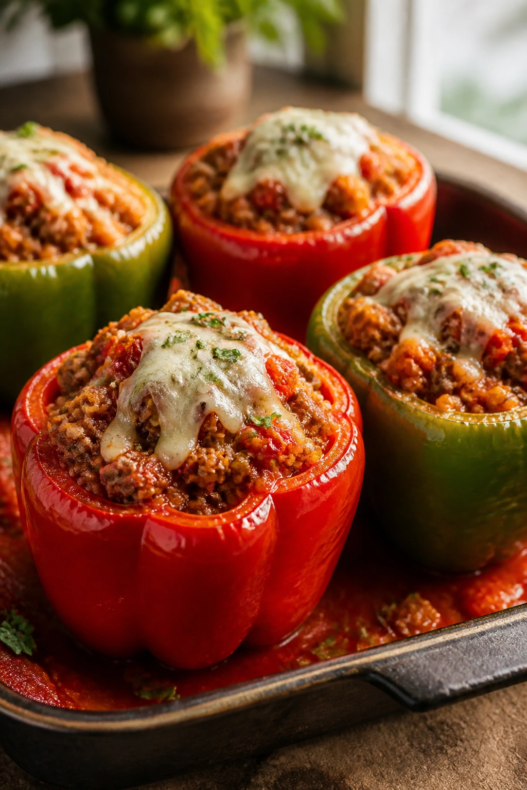 Close-up of stuffed bell peppers with turkey and quinoa filling in glossy tomato sauce