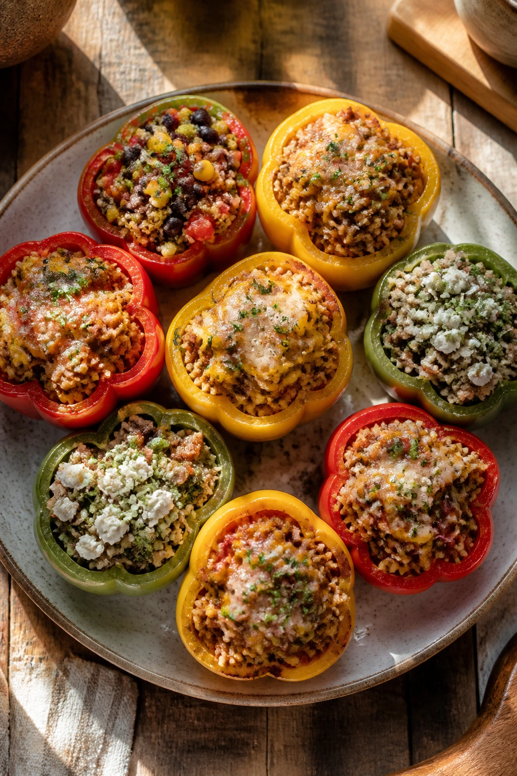 Colorful stuffed peppers showing variations for meal prep